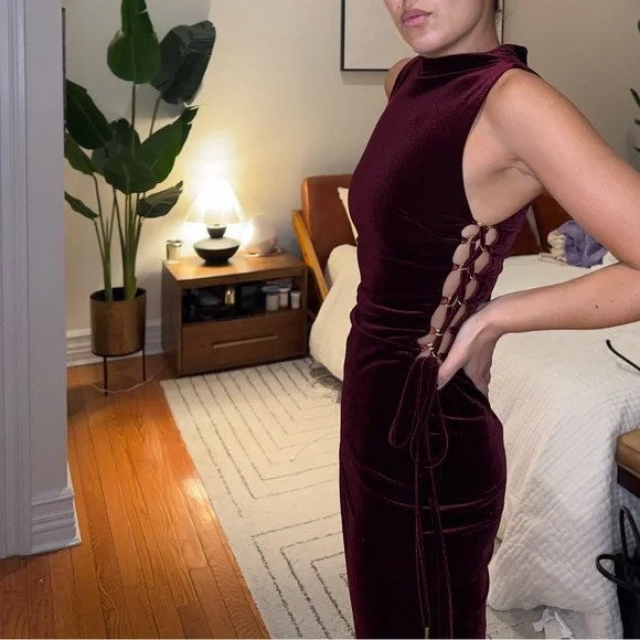 Deep Red Velvet Dress with Gold Side Ties - Picture 2 of 9